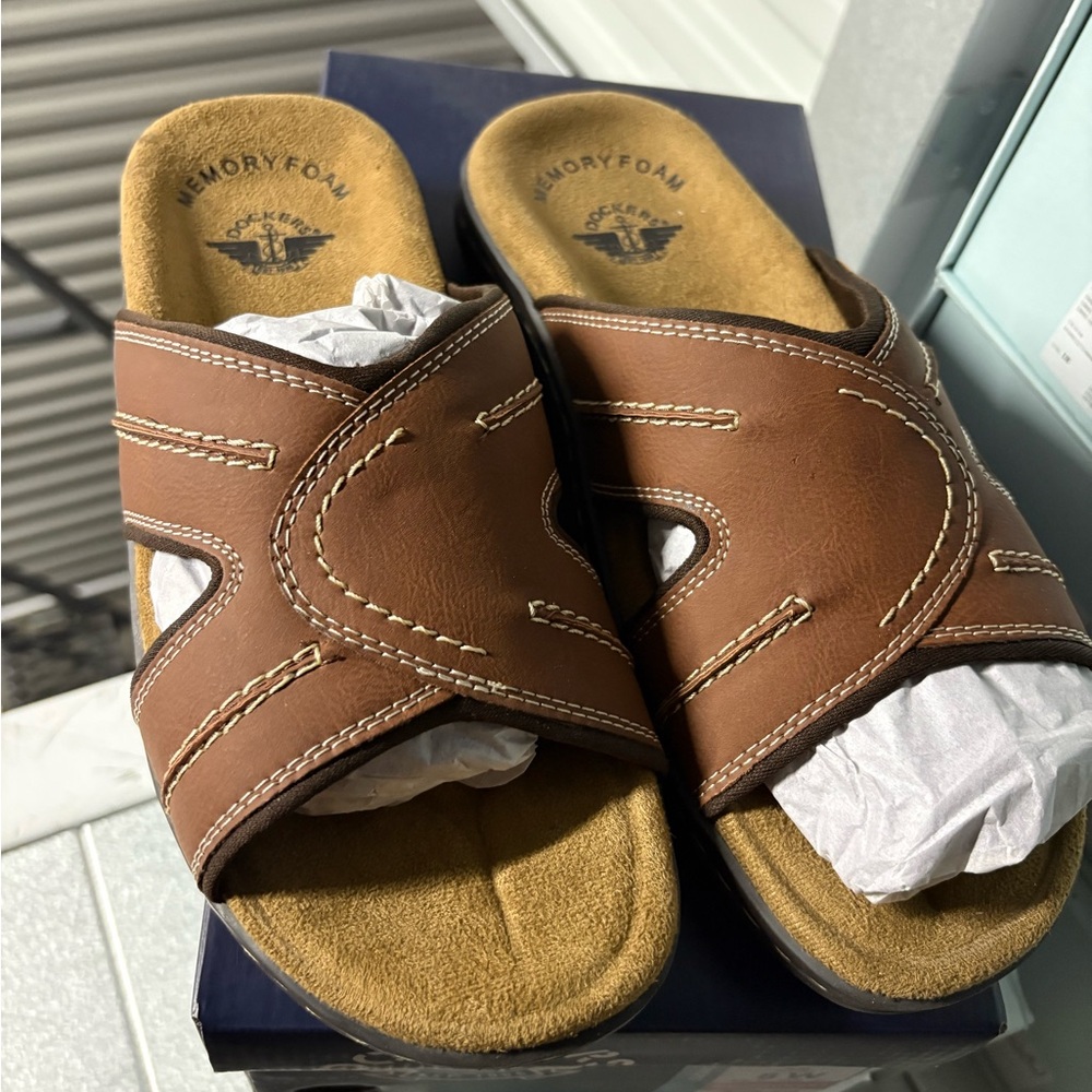 Dockers Sandals Mens 8 M Sunland Slides Brown Memory Foam Open Toe Shoes NEW